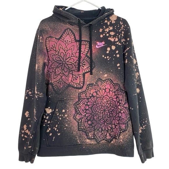 Nike Hoodie Sweatshirt Mens Size Medium Unisex Black Pullover Floral Mandala